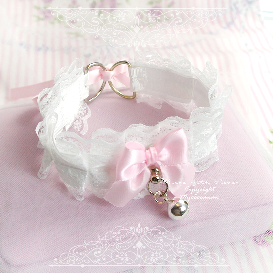 Choker Necklace, Kitten Play Collar ,White Lace Baby Pink Bow Bell Tug ...