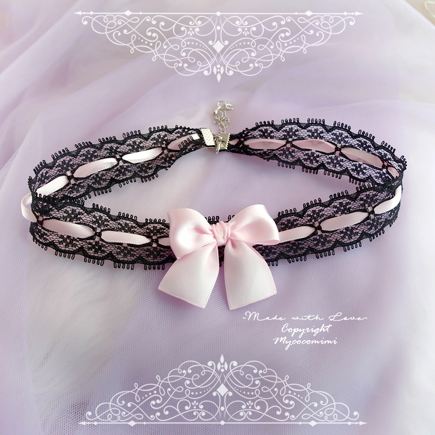 Choker Necklace Day Collar , Black Lace Baby Pink Bow , pastel Lolita ...