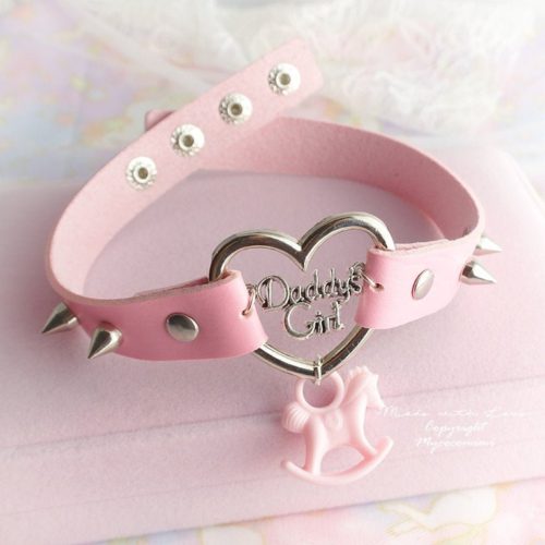 Choker Necklace Daddys Girl Pink Faux Leather Heart Spik