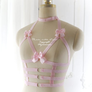 Baby Pink Bow Full Body Harness Corset Open Bra, DDLG Stretch Cage Bondage Bra BDSM Lingerie Kitten Play Gear Fetish Kawaii Gothic Lolita