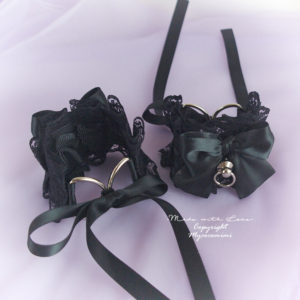 Cuffs Set Bracelet 2 pcs , Kitten Pet Role Play Gear Goth Gothic Costume Black Lace Bow Tug Proof O Ring ,Gloves Jewelry BDSM DDLG