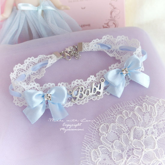 BABY Girl Choker Necklace Lace Light Blue Bow Bling Rhinestone neck ...