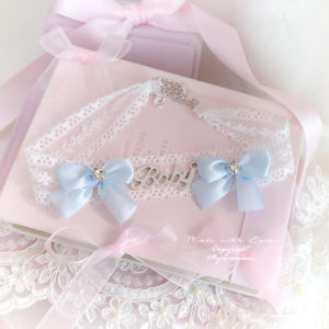 BABY Lace Choker Necklace, White Lace Baby Blue bow Bling Rhinestone neck collar pastel cute Lolita Fashion Everyday jewelry