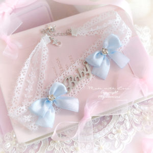 BABY Lace Choker Necklace, White Lace Baby Blue bow Bling Rhinestone neck collar pastel cute Lolita Fashion Everyday jewelry