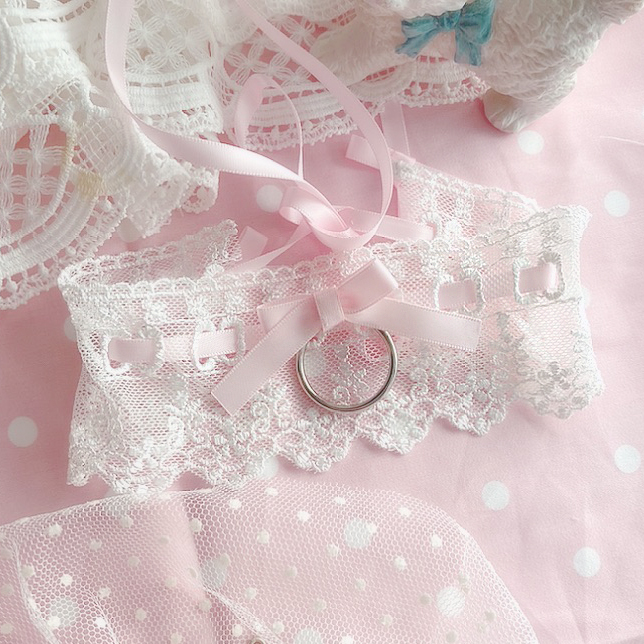 Sweet White Lace Pink Bow O Ring Collar Choker Necklace , Lolita Rococo ...