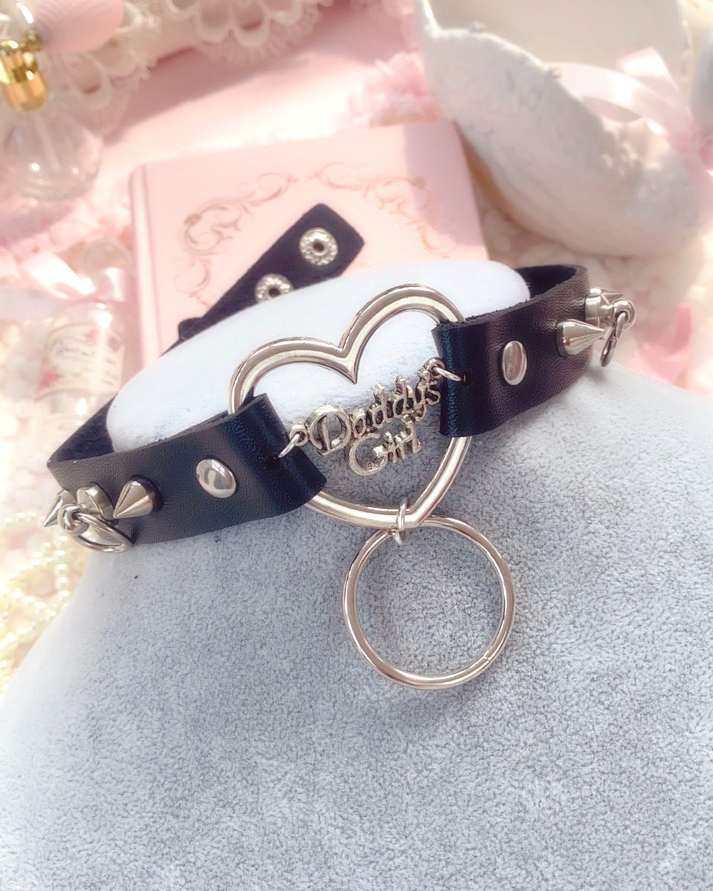 Choker Necklace Daddys Girl Black Faux Leather Heart O Ring Spikes Stud ...