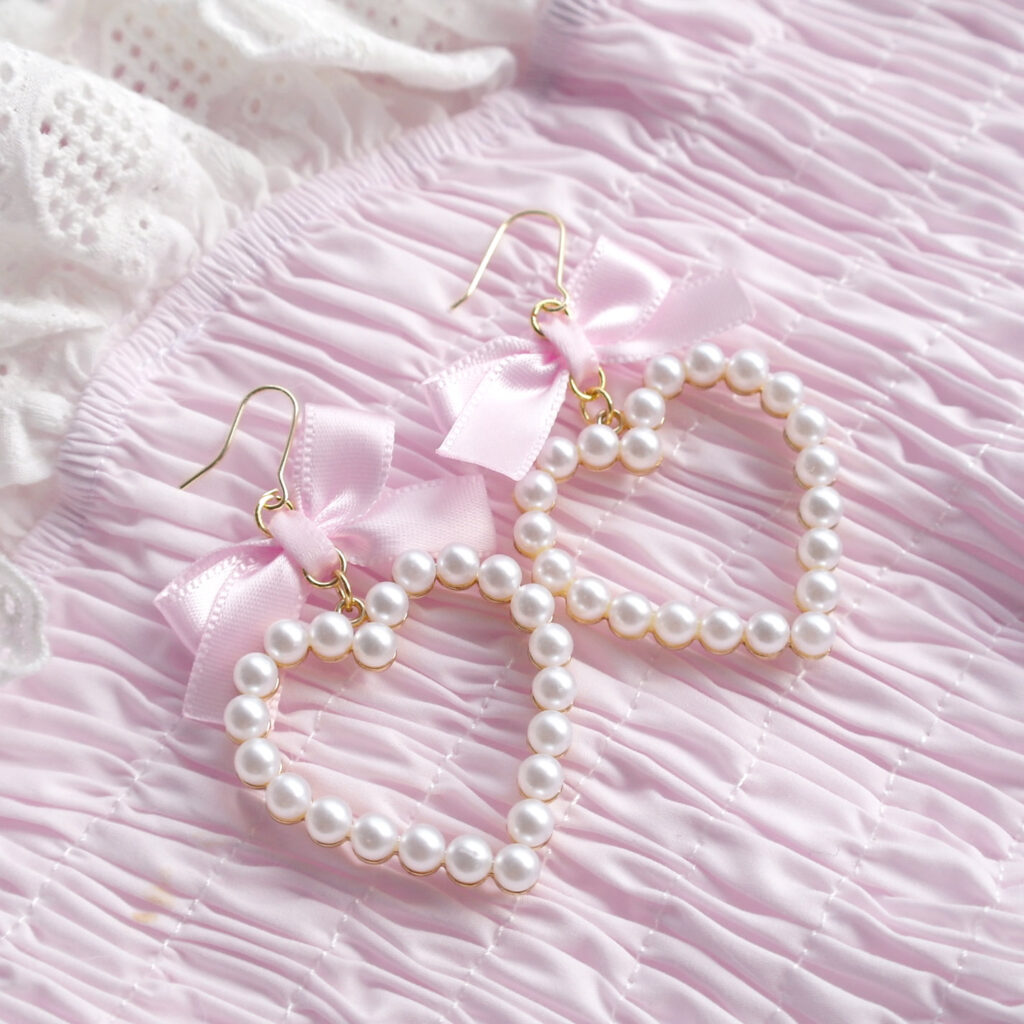 Pastel baby pink satin Bow pearl heart Earrings (Dangle / Clip On ...