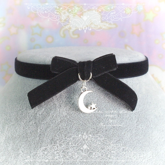 Velvet Choker Necklace, Black Velvet Bow Little Crescent Moon Star Necklace, pastel goth Gothic Girl - Mycocomimi