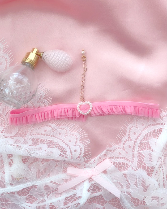 Pink Ruffles lace Pearl Heart Choker Necklace Skinny neck collar pastel ...