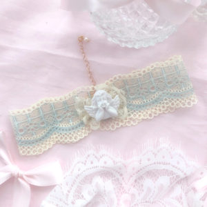 Angelic Cream and Light Blue Lace Cupid Angel Choker Necklace Romantic ...
