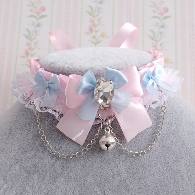 Baby pink light blue bow choker necklace, kitten play collar,white lace ...