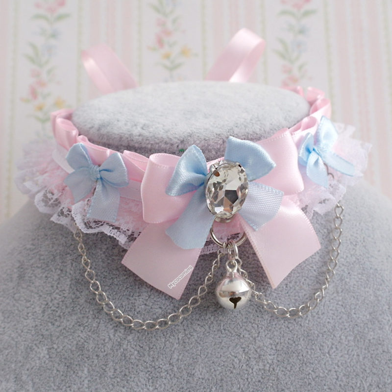 Baby pink light blue bow choker necklace, kitten play collar,white lace ...