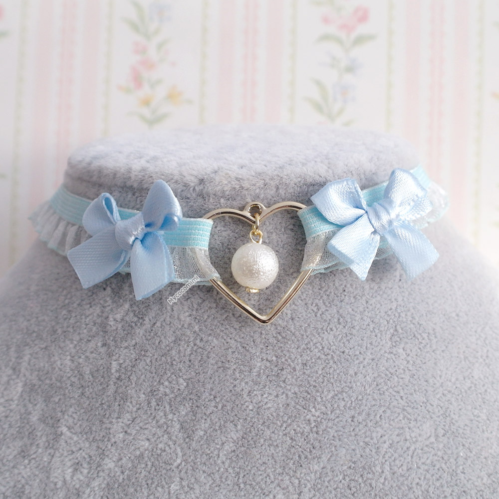 Baby blue ruffles lace choker necklace, gold heart faux pearl pendant ...