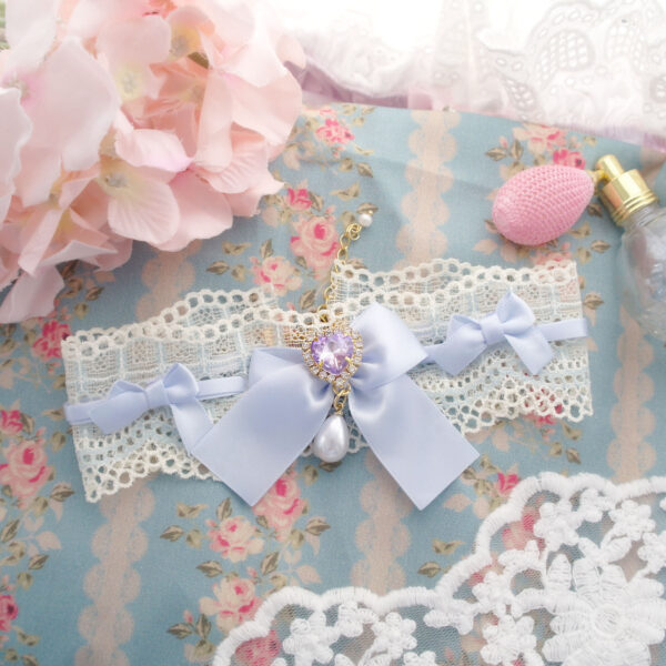 Romantic vibe Beige lace light blue bow rhinestone heart faux pearl pendant ,Princess Victorian style Collar Choker Necklace Soft Pastel