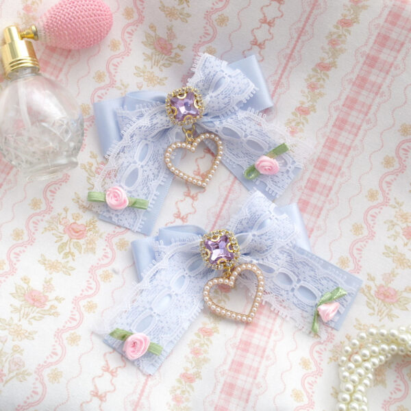 Romantic flower rose baby blue satin white lace hair bow , alligator hair clip , rhinestone pearl heart , luxury kawaii princess accessories