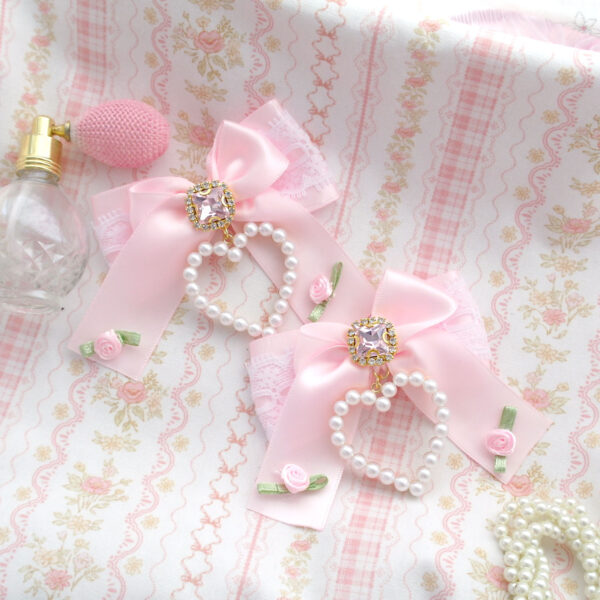 Little Flower baby pink satin white lace hair bow , alligator hair clip , rhinestone pearl bow , luxury kawaii pastel princess accessories