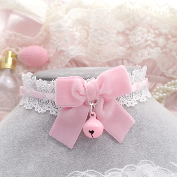 Baby Pink Velvet Bow White Lace Bell Choker Necklace ,Kitten Play Collar kawaii neko day collar