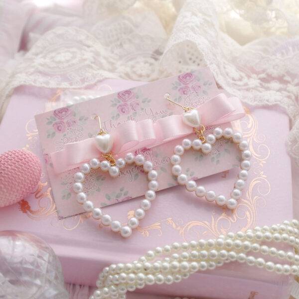 Princess pearl heart baby pink bow earrings (Dangle /Clip On No Pierce ) kawaii jewelry fairy core