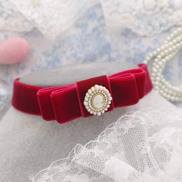Victorian style cameo Burgundy red velvet bow choker necklace ,kawaii cute pastel day soft goth accessories collar