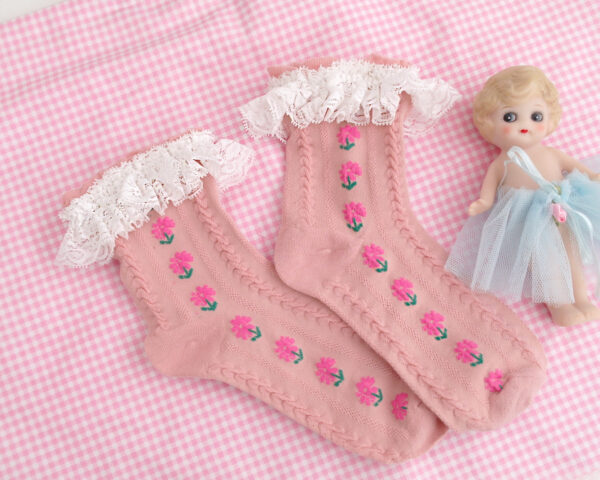 White Lace Frills Pink Floral Flower Short Socks Lolita style cute socks