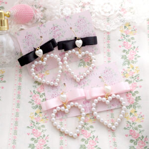 Choose your color (Baby Pink / Black ) Princess pearl heart bow earrings (Dangle /Clip On No Pierce ) kawaii jewelry soft girl fairy core