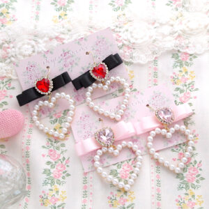Choose your color (Baby Pink / Black ) Glam Rhinestone Heart bow earrings (Dangle /Clip On No Pierce ) kawaii jewelry Luxury Princess core