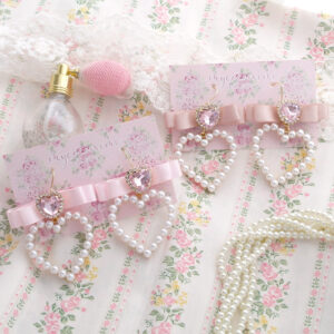 Choose your color (Baby Pink / Champagne) Glam Rhinestone Bow Pearl Heart earrings (Dangle /Clip On No Pierce ) Soft Girl Princess core