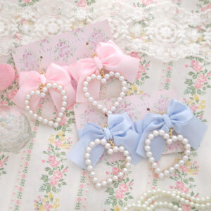 Choose your color (Baby Pink / Blue ) Lovely Bow Faux Pearl Heart Dangel Earrings (Dangle / Clip On), princess core Soft Girl Jewelry