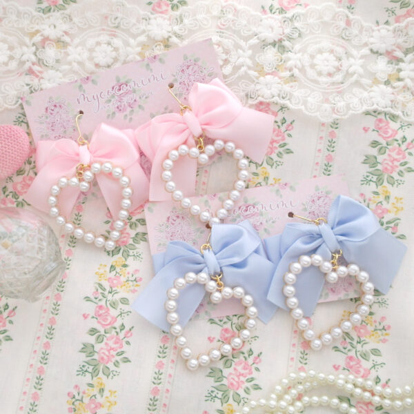 Choose your color (Baby Pink / Blue ) Lovely Bow Faux Pearl Heart Dangel Earrings (Dangle / Clip On), princess core Soft Girl Jewelry