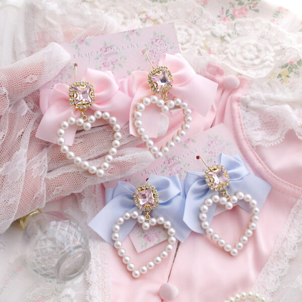 Choose your color (Baby Pink / Blue ) Luxury rhinestone bow Faux Pearl Heart Dangel Earrings (Dangle / Clip On), princess Soft Girl Jewelry