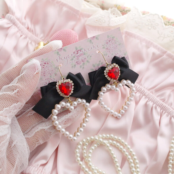 Luxury Red Heart Rhinestone Elegance black bow pearl heart ( Dangle Earrings / Clip On No Pierce) , Cute Princess core elegant Jewelry