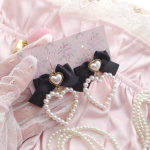 Elegance Black Bow Pearl Heart Earrings (Dangle / Clip On) Cute Jewelry Lolita Cute Kawaii Girl Jewelry Gift for her