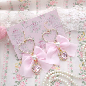 Baby Pink Bow Bling Rhinestone Heart Little Pearl Earrings (Dangle /Clip On No Pierce ) Cute Kawaii Sweet DDLG Soft Girl Aesthetic Jewelry