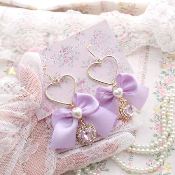 Lilac Purple Bow Bling Pink Rhinestone Heart Little Pearl Earrings (Dangle /Clip On No Pierce ) Cute Sweet DDLG Soft Girl Aesthetic Jewelry
