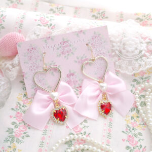 Baby Pink Bow Bling Red Rhinestone Heart Little Pearl Earrings (Dangle /Clip On No Pierce ) Cute Sweet Glam Soft Girl Aesthetic Jewelry