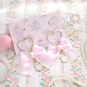Little booty kitten cat gold heart baby pink bow faux pearl earrings ( Dangle Earrings/Clip On No Pierce ) DDLG soft girl aesthetic Jewelry