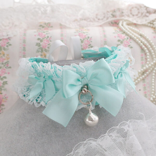 Aqua Mint green kitten pet play collar choker necklace , white lace ruffles bows with bell , kawaii pastel fairy core dreamy accessories