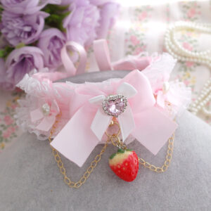 Strawberry heart rhinestone choker necklace, kitten play collar , white lace baby pink bow rhinestone , super cute kawaii ddlg jewelry