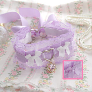 Choose your color - lilac purple / white bow , heart purple lace rhinestone heart choker necklace , kitten pet play collar , kawaii pastel