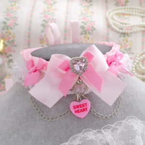 Sweet Heart tag Rinestone baby pink choker necklace, kitten play collar , White lace ruffles bow with chain , kawaii ddlg accessories