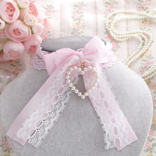 Rococo Romantic Lace Baby Pink Long Bow Pearl heart Choker Necklace , Princess soft girl core accessories