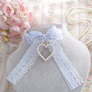 Rococo Romantic Lace Light Blue Long Bow White Lace Pearl heart Choker Necklace , Princess soft girl core accessories