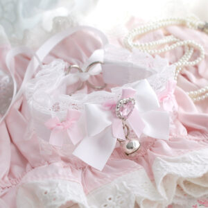Angelic Heart Rhinestone White Lace Kitten Play Collar Choker Necklace, Baby Pink Bow , Pet Play DDLG Kawaii soft girl aesthetics