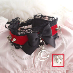 Choose your style - Crescent Moon / Bell , Red Velvet Black Lace choker necklace kitten play collar, bow Spikes chain , vampire goth