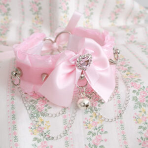 Luxury Heart Rhinestone Bow Baby Pink Velvet Lace choker necklace kitten pet play collar, double layer chain bell spikes ,kawaii soft girl