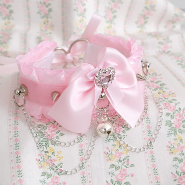 Luxury Heart Rhinestone Bow Baby Pink Velvet Lace choker necklace kitten pet play collar, double layer chain bell spikes ,kawaii soft girl