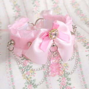 Gummy Bear Luxury Rhinestone Baby pink Velvet Lace choker necklace kitten pet play collar , pink bow double layer chain spikes
