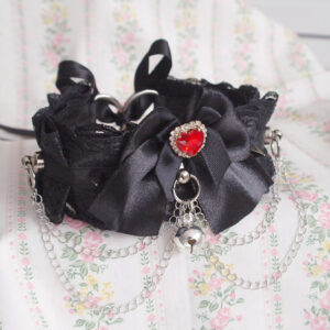 Luxury Red Heart Rhinestone Bow Black Lace choker necklace kitten pet play collar, double layer chain bell spikes ,Vampire Cute Goth Style