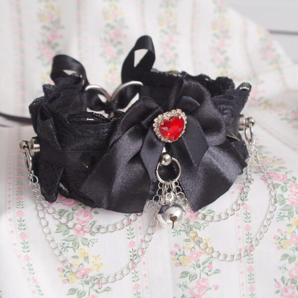 Luxury Red Heart Rhinestone Bow Black Lace choker necklace kitten pet play collar, double layer chain bell spikes ,Vampire Cute Goth Style