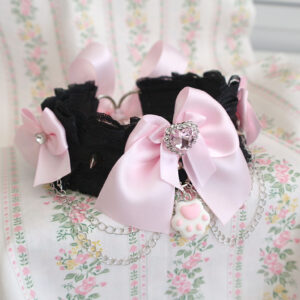 Little Paw Rinestone Heart baby pink bow black lace pet kitten play collar Choker necklace ,spikes chain , alternative ddlg jewelry